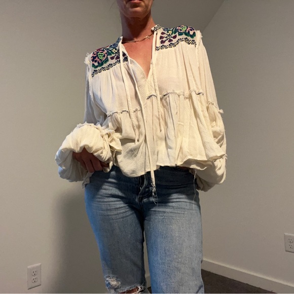 Free People cream embroidered Boho top small - Picture 1 of 8